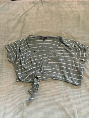 Topshop Sage Green & White Striped Tie-Front Crop Tee